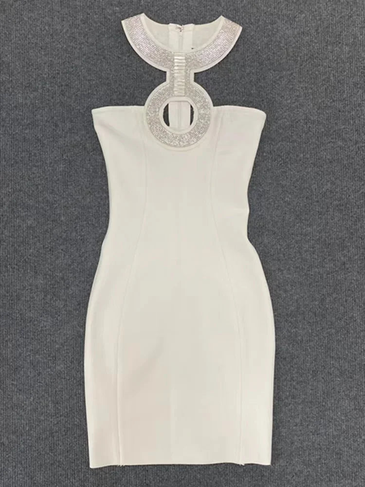 2022 New Bandage Dress Fashion Sexy Halter Neck Diamond Collar Short Skirt Banquet Party Little Black Dress-A1252