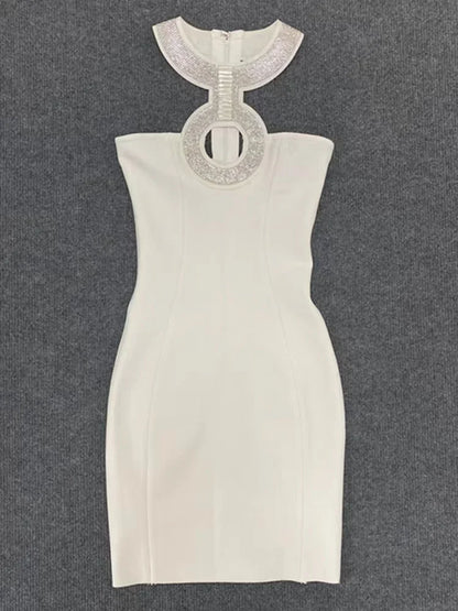 2022 New Bandage Dress Fashion Sexy Halter Neck Diamond Collar Short Skirt Banquet Party Little Black Dress-A1252