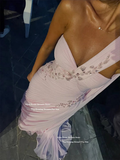 Xijun Pink Chiffon Mermaid Evening Dresses Sweetheart One Shoulder Pleated Prom Dresses Saudi Arabric Formal Prom Gowns Customiz