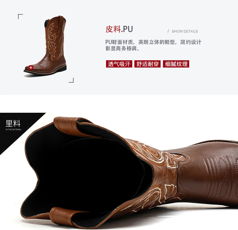Men Boot 2024 Mid Calf Western Cowboy Motorcycle Boots Male Autumn Outdoor PU Leather Totem Med Heel Fashion Designed Men Boots
