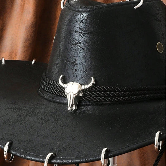HongLuan – chapeau de Cowboy noir réglable en cuir PU pour hommes et femmes, mode occidentale de voyage, Cowgirl avec Badge Bullhead, chapeaux d'extérieur pour femmes