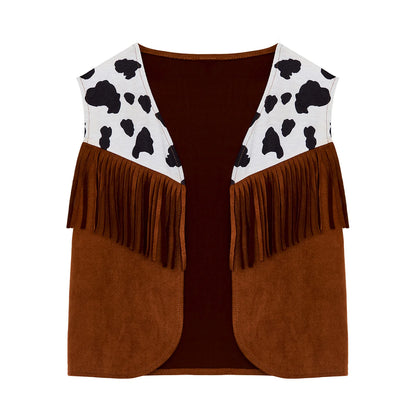 Kids Child Halloween Western Cowboy Cowgirl Cosplay Costume Cow Print Tassels Vest and Flared Pants Set Carnival Party Dress Up