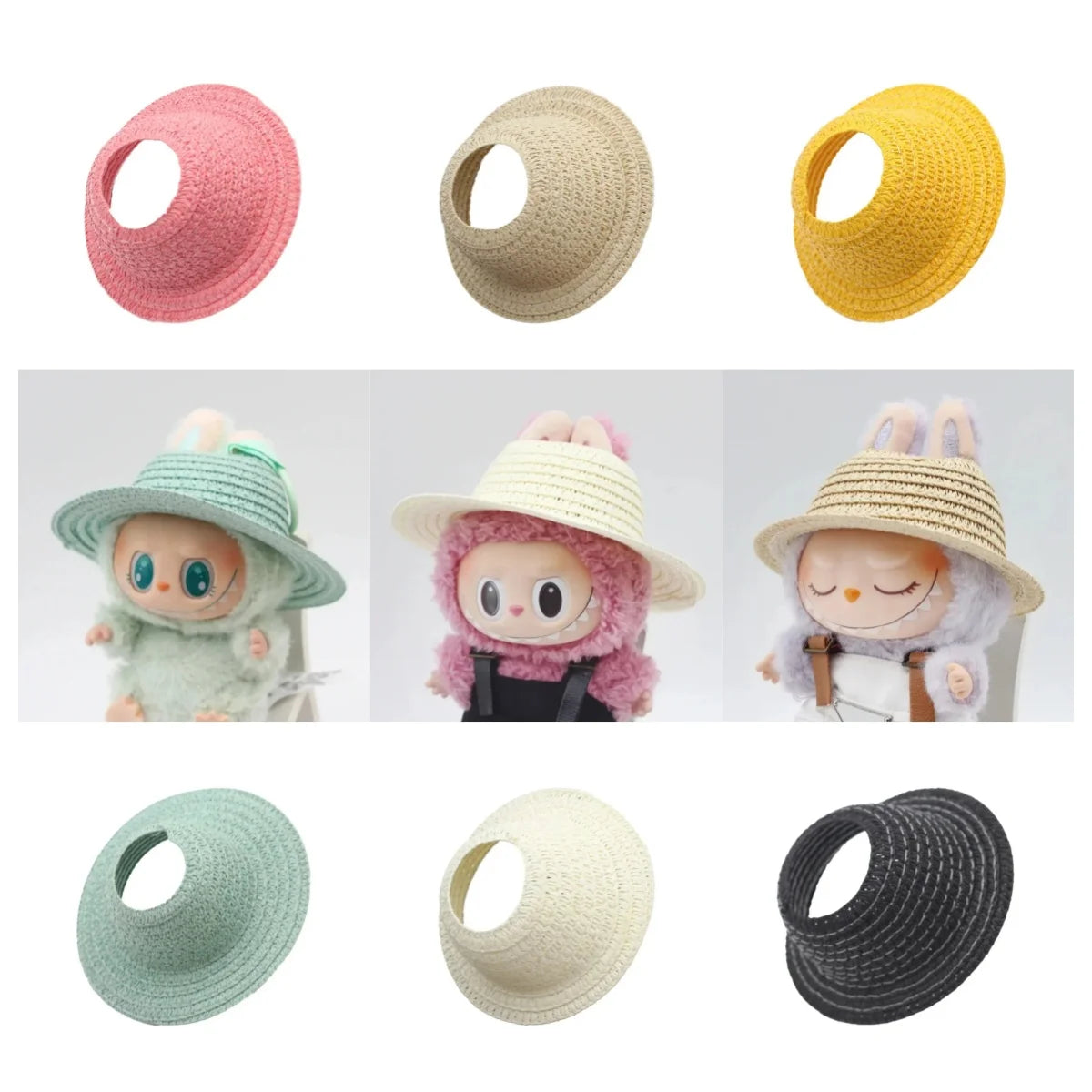 Labubu open top straw hat, party clothing accessories, rustic style Labubu baby clothes decoration accessories (hat only)