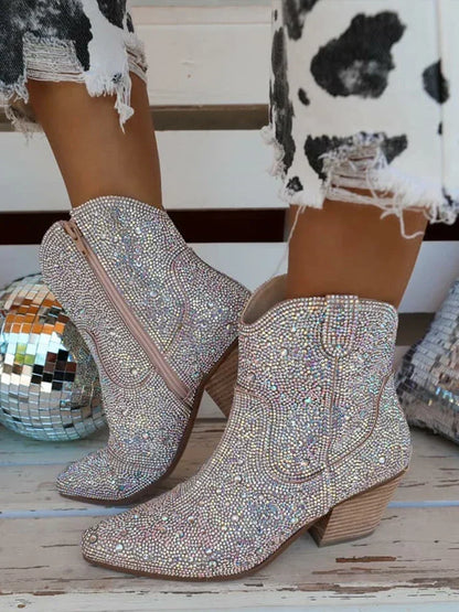 Western Cowboy Boots Fashion Women Ankle Boots Glitter Bling Shiny Trend High Heels High Quality Shoes