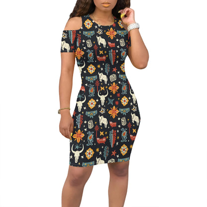 Western Cowgirl Cold Shoulder Dress S-3XL Retro Rodeo Print for Country Festival, July 4th Party or Southwestern Theme Look
