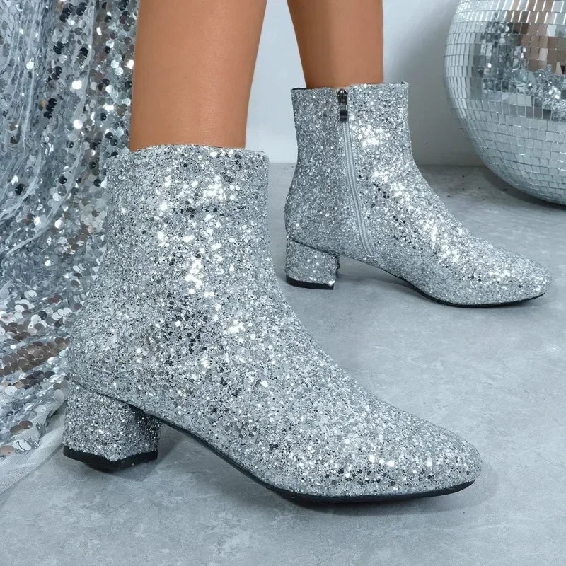 Boots Women Chrias Glitter Zipper Chunky Heel Ankle Boot Sequins Round Toe Chunky Heels Ankle Boots Party Shoes for Women 42 43