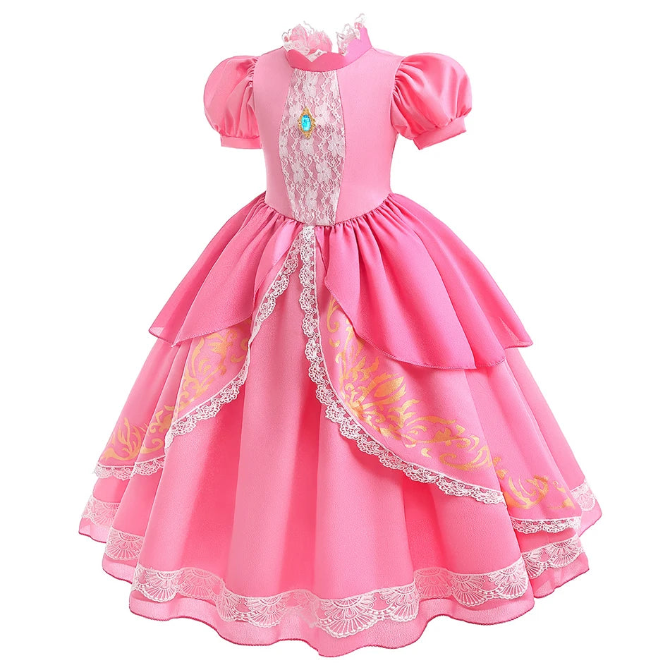 Peach Princess Costume with LED Color Light Toddler Birthday Game Role Play Dress Girl Halloween Festival Gown Pink Lace 2-9 Y C