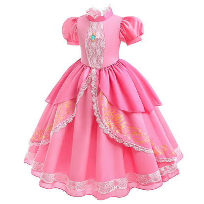 Peach Princess Costume with LED Color Light Toddler Birthday Game Role Play Dress Girl Halloween Festival Gown Pink Lace 2-9 Y C