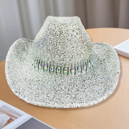Women's Cowgirl Hat Stylish Rhinestone Design Sun Hat Wide Brim Western Cap for Party& Daily Life