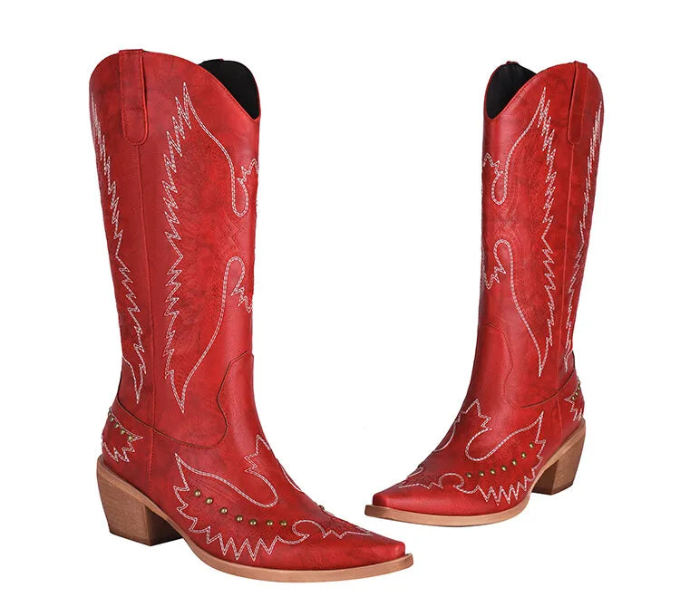 NASBAVI Red Western Cowboy Boots for Women Embroidered Pointed Toe Shoes Knee High Wide Calf Cowgirl Boots