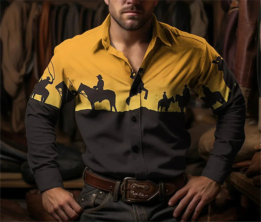 Chemise à manches longues à imprimé floral de cow-boy occidental pour le printemps et l'été, chemise à col pour homme en tissu doux et confortable