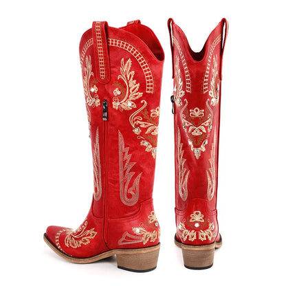 Bottes de cowboy blanches brodées Onlymaker pour femmes, à talon bloc, bout pointu, ornées de cristaux, style cowgirl.