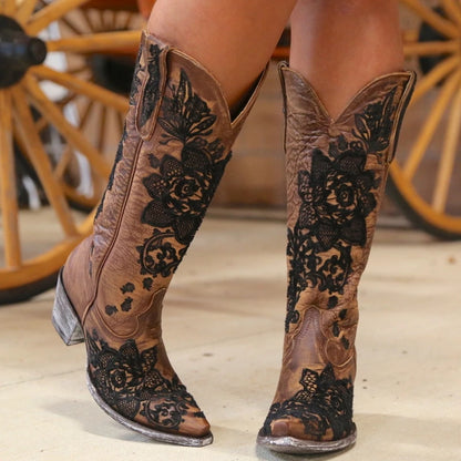 Western Style Women's Pointed Large Embroidered Rose High Heels Vintage Old Women's Boots High Barrel Western Boots