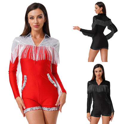 Womens Sequins Western Cowgirl Cosplay Costume Tassel Fringe Boyshorts Rompers 70s 80s Disco Bodysuit Front Zip Playsuit