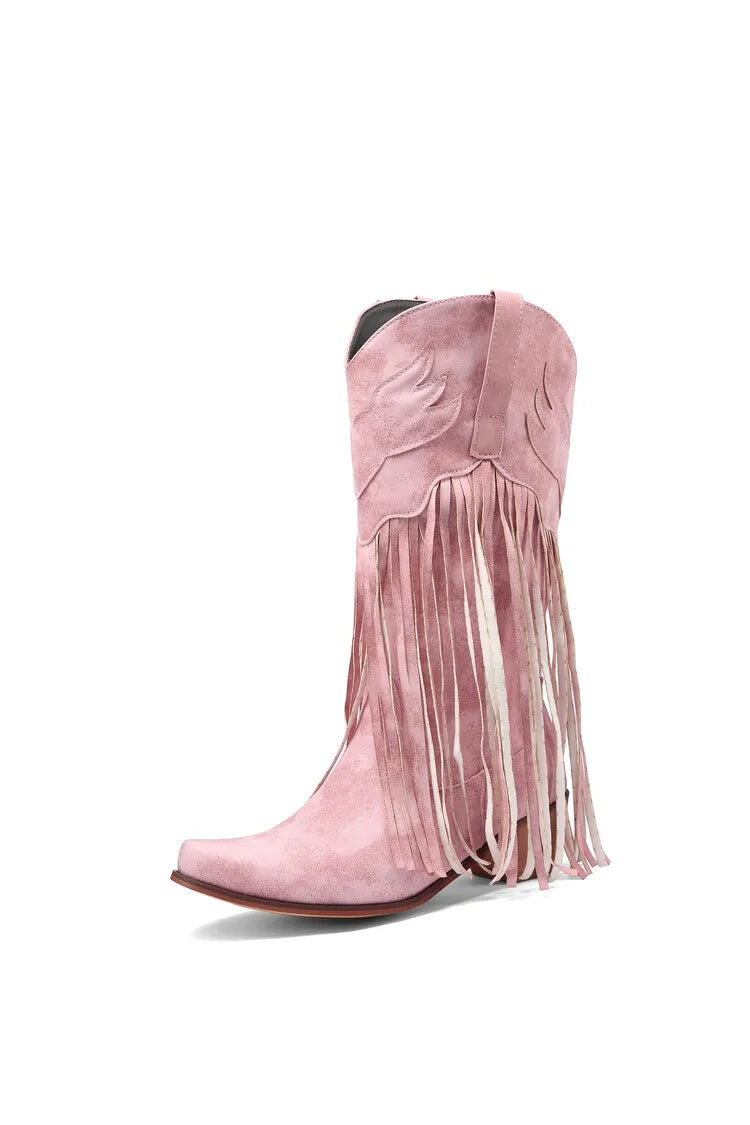 Nouvelles bottes de cowboy rétro ethniques pour femmes avec pompon à talon moyen, chaussures d'hiver pour femmes