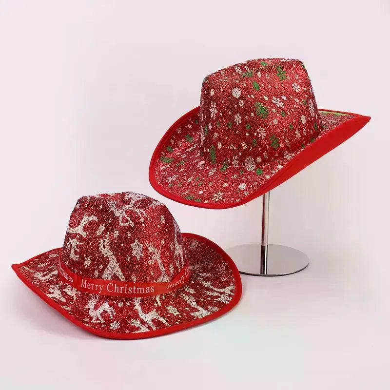 Chapeau de Cowboy de noël rouge, décoration du père noël, accessoires de fête de vacances, chapeau de Cowgirl à large bord, chapeau de Jazz
