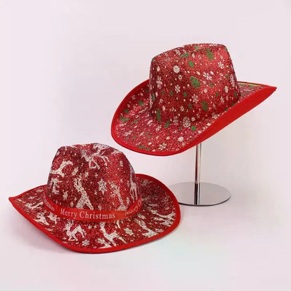 Chapeau de Cowboy de noël rouge, décoration du père noël, accessoires de fête de vacances, chapeau de Cowgirl à large bord, chapeau de Jazz