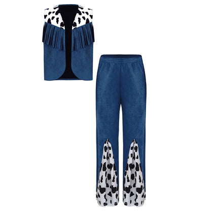 Kids Child Halloween Western Cowboy Cowgirl Cosplay Costume Cow Print Tassels Vest and Flared Pants Set Carnival Party Dress Up