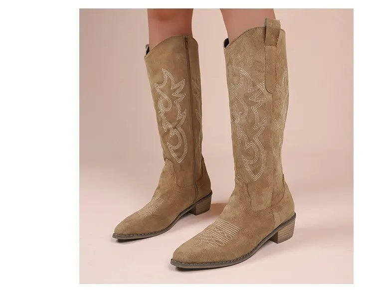 Winter New Coarse Heel Look Thin Tall Long Boots Not Over Knee Embroidered Retro Western Cowboy Boots 2025 New
