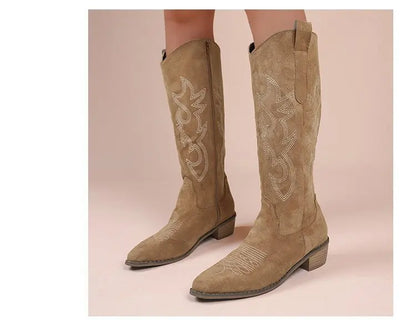 Winter New Coarse Heel Look Thin Tall Long Boots Not Over Knee Embroidered Retro Western Cowboy Boots 2025 New