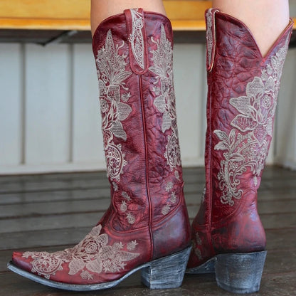 Western Style Women's Pointed Large Embroidered Rose High Heels Vintage Old Women's Boots High Barrel Western Boots