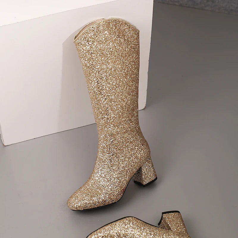 Grainy Sequin Women's Tall Boots Bling Sung Fit Knee High Boots 6.5cm Heels Comfy 2024 Winter Shoes