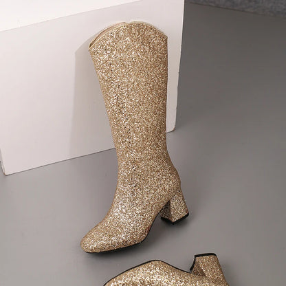 Grainy Sequin Women's Tall Boots Bling Sung Fit Knee High Boots 6.5cm Heels Comfy 2024 Winter Shoes