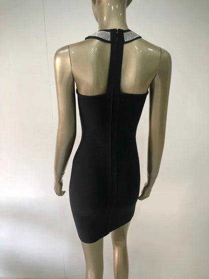 2022 New Bandage Dress Fashion Sexy Halter Neck Diamond Collar Short Skirt Banquet Party Little Black Dress-A1252