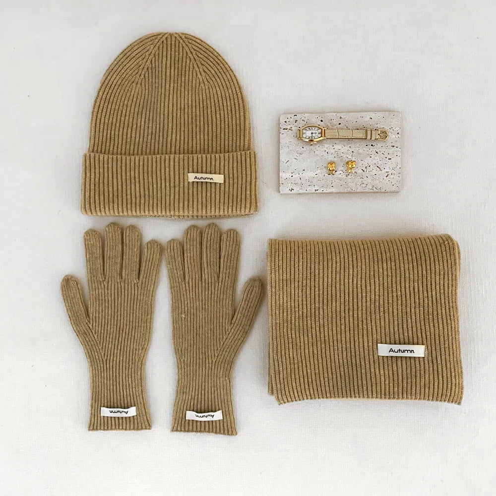 Ensemble chapeau, écharpe et gants en laine tricotée de couleur unie-ensemble de noël chaud du nouvel an rouge en faux cachemire automne/hiver