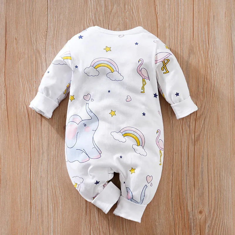 Spring And Autumn Boys And Girls Cute Cartoon Rainbow Elephant Print Cotton Comfortable Long Sleeve Baby Bodysuit