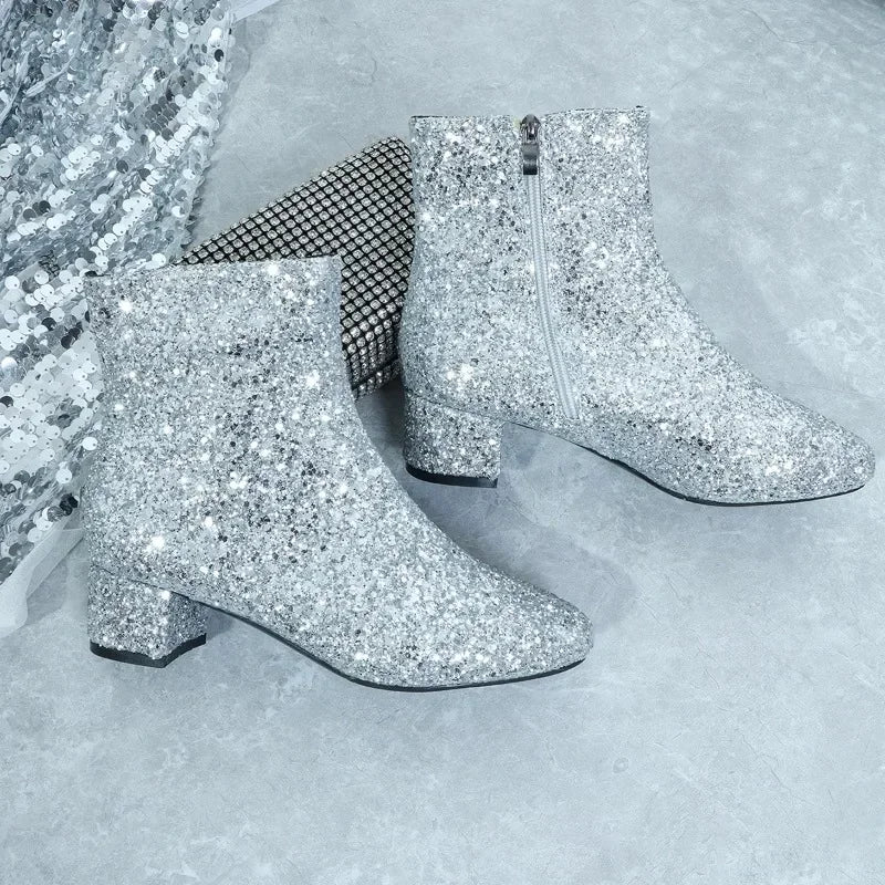 Boots Women Chrias Glitter Zipper Chunky Heel Ankle Boot Sequins Round Toe Chunky Heels Ankle Boots Party Shoes for Women 42 43