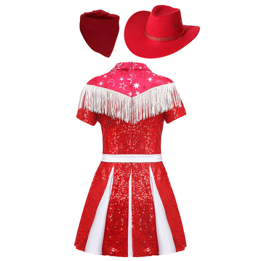 Costume de cow-girl western 3 pièces pour fille, robe plissée à paillettes avec chapeau de cowboy et bandana, pour Noël, Halloween, fête