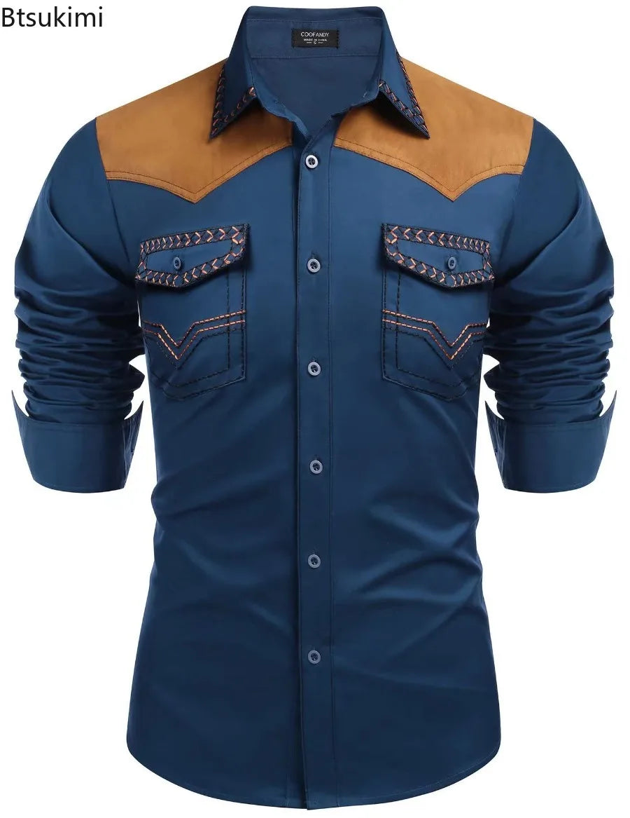 Chemise style cowboy western pour homme, printemps-automne 2025, manches longues, revers, vêtements décontractés et tendance