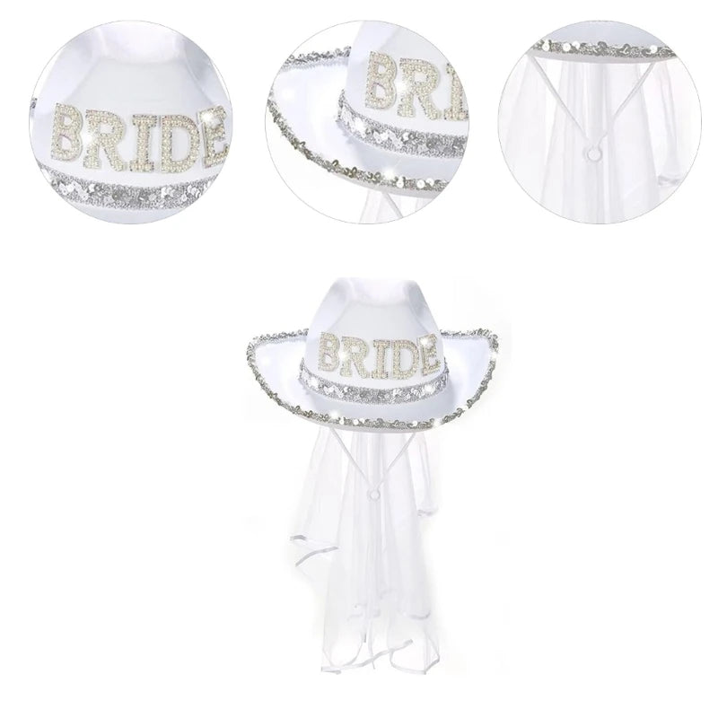 Chapeau de mariée amusant de cow-boy avec voile en maille et strass, chapeau à large bord pour enterrement de vie de jeune fille, accessoires de fête de mariage