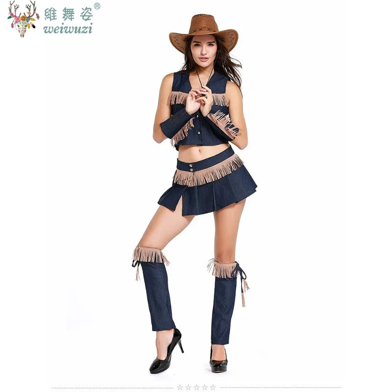 Carnival Halloween Lady Sexy West Cowboy Costume Prairie Pioneer Cowgirl Tassels Clubwear Roleplay Cosplay Party Fancy Dress