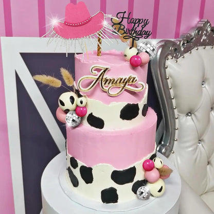 Décoration de gâteau de Cowgirl rose vif, chapeau de Cowgirl brillant, boules Disco pour fête à thème occidental, fournitures de fête d'anniversaire