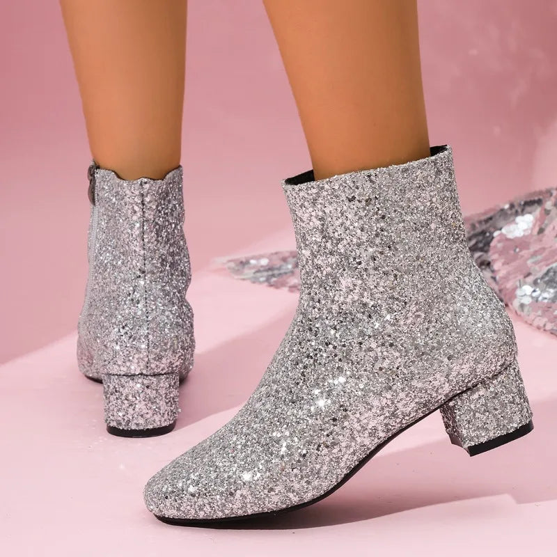 Glitter Fashion Sequins Boots Women Zipper Chunky Heel Women's Boots Round Toe Chunky Heels Ankle Boots Party Shoes for Women