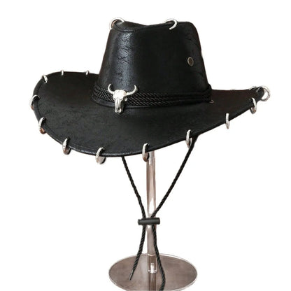 HongLuan – chapeau de Cowboy noir réglable en cuir PU pour hommes et femmes, mode occidentale de voyage, Cowgirl avec Badge Bullhead, chapeaux d'extérieur pour femmes
