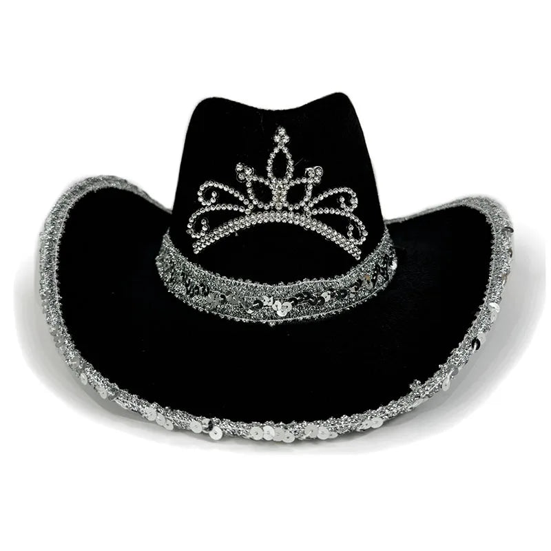 Pink Cowboy Hat For Women Girls Wide Brim Western Hat Glitter Crown Sequin Cap Performance Costume Cowgirl Hat For Wedding Party