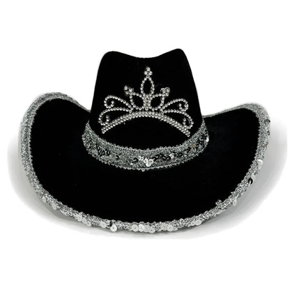 Pink Cowboy Hat For Women Girls Wide Brim Western Hat Glitter Crown Sequin Cap Performance Costume Cowgirl Hat For Wedding Party