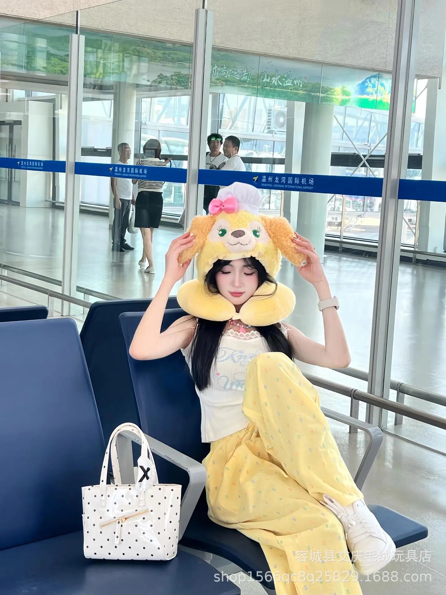 Cartoon plush Stitch Ling Nabelle U-shaped pillow with hooded neck pillow travel car plane office nap artifact girl gifts