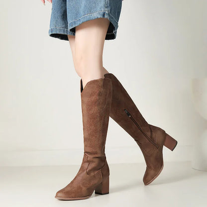 Bottes de cavalière roses style western, bottes de cowboy pointues mi-mollet, bottes en cuir à gros talon brodées pour femmes