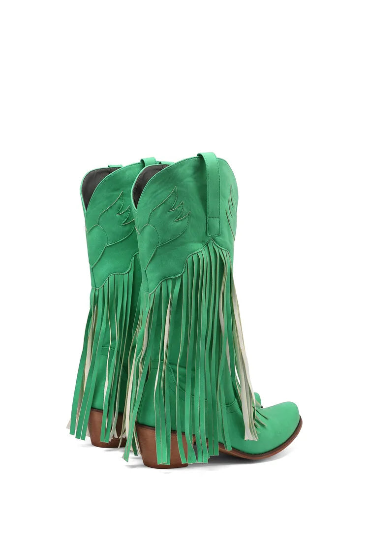 Nouvelles bottes de cowboy rétro ethniques pour femmes avec pompon à talon moyen, chaussures d'hiver pour femmes