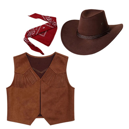 Costume de cow-boy et de cow-girl du Far West, déguisement d'Halloween, gilet sans manches à franges avec bandana et chapeau