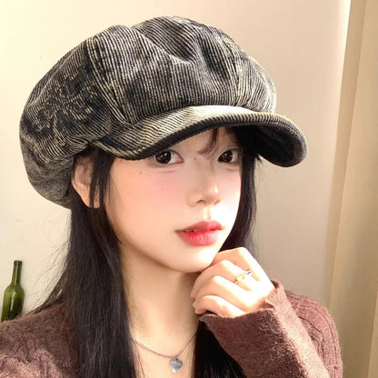 Bérets en velours côtelé rétro brodés avec lettres mignonnes pour femmes, petit chapeau de peintre littéraire polyvalent et décontracté pour printemps et automne