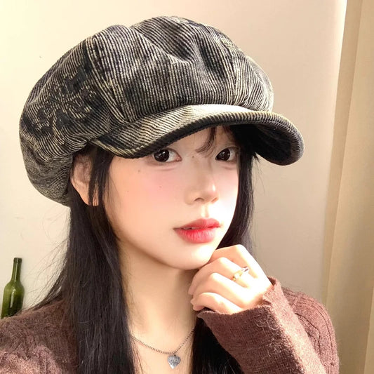 Bérets en velours côtelé rétro brodés avec lettres mignonnes pour femmes, petit chapeau de peintre littéraire polyvalent et décontracté pour printemps et automne