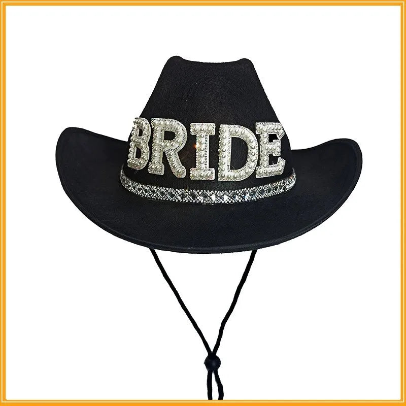 Bride White Cowboy Veil Hat Pearl Rhinestone Wedding Cowgirl Hat Bach Bachelorette Hen Party Bridal Shower Decoration Gift