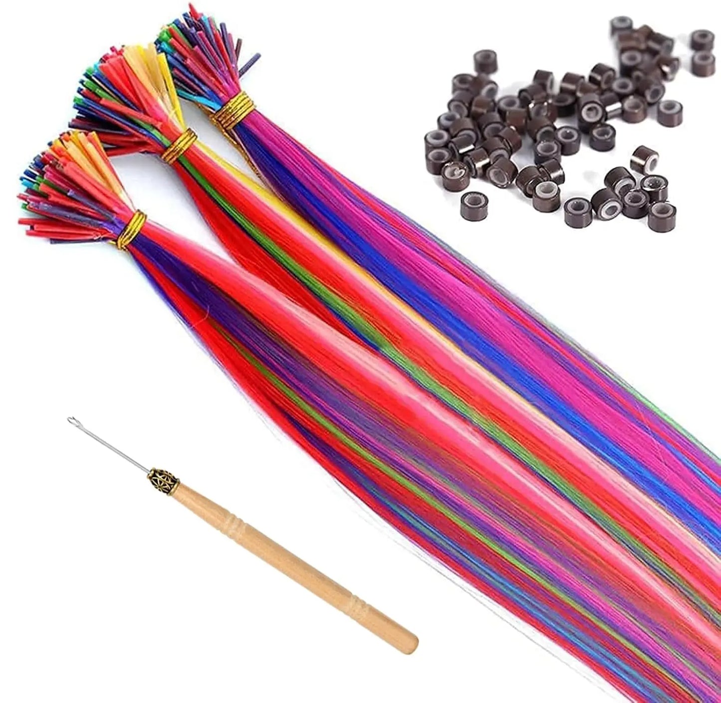 Kit d'extensions de cheveux synthétiques arc-en-ciel de 50 cm, 10 pièces, extensions colorées à pointes en I avec micro-perles et aiguille à crochet pour femmes et enfants, cosplay