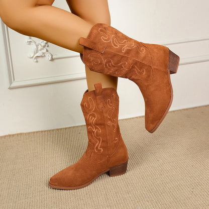 Embroidered Western Cowboy Boots for Women Autumn Pointed Toe Thick Heel High Knee Boots Woman Loose PU Leather Long Botas Mujer