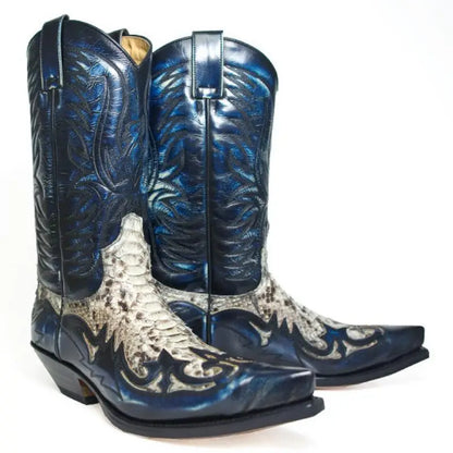 Pointed Toe Embroidered Mid-Calf Boots Snake Print Western Cowboy Men Botines Color-Blocked Slip-On Chelsea Cool Botas Femininas